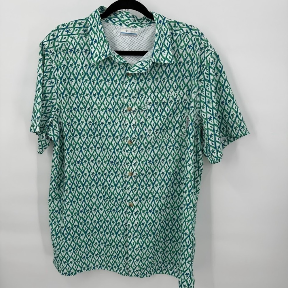 Columbia PFG Shirt Mens Large short sleeve Dri-Fit outdoor white green tropical
